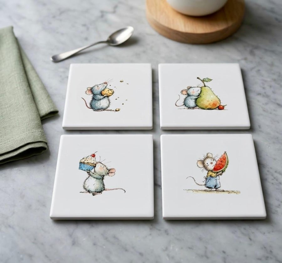 "Mice on a Mission"  Set of 4 Ceramic Coasters 