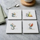 "Mice on a Mission"  Set of 4 Ceramic Coasters 