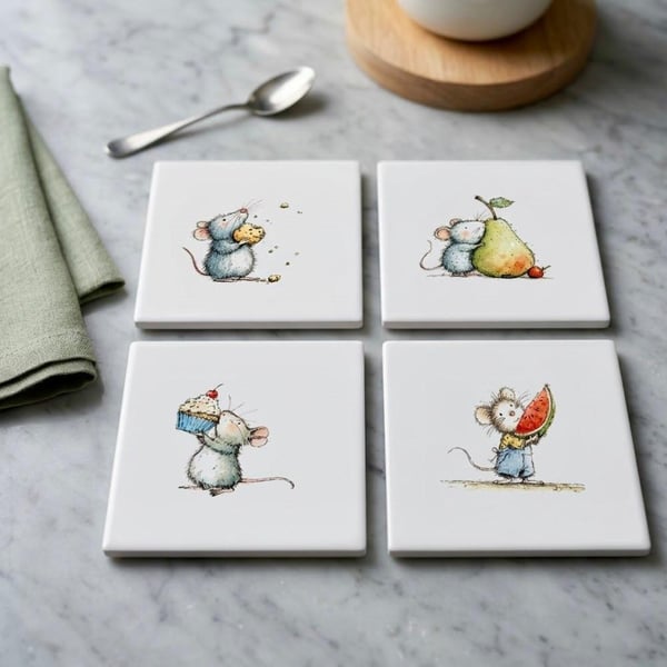 "Mice on a Mission"  Set of 4 Ceramic Coasters 