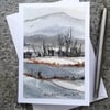 Snowy Fields 2. Handpainted Blank Card. Paper Art. Countryside Original Painting