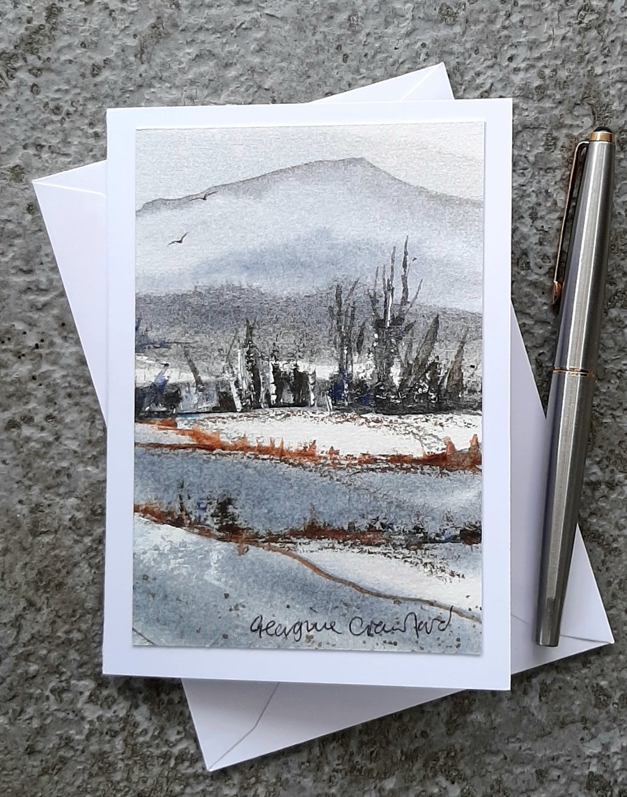 Snowy Fields 2. Handpainted Blank Card.