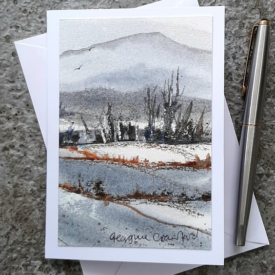 Snowy Fields 2. Handpainted Blank Card. Paper Art. Countryside Original Painting