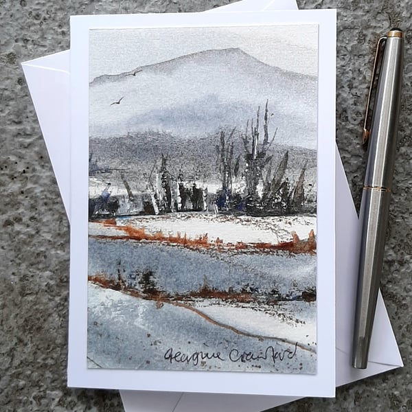 Snowy Fields 2. Handpainted Blank Card.