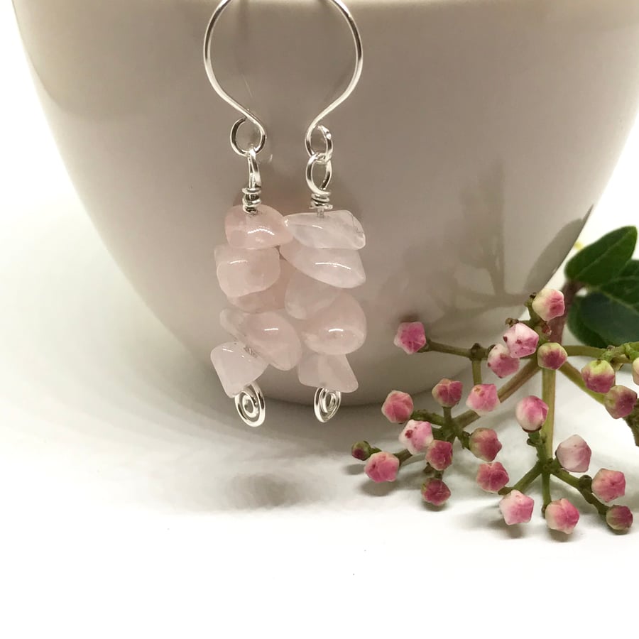 Rose Quartz Earrings, Sterling Silver