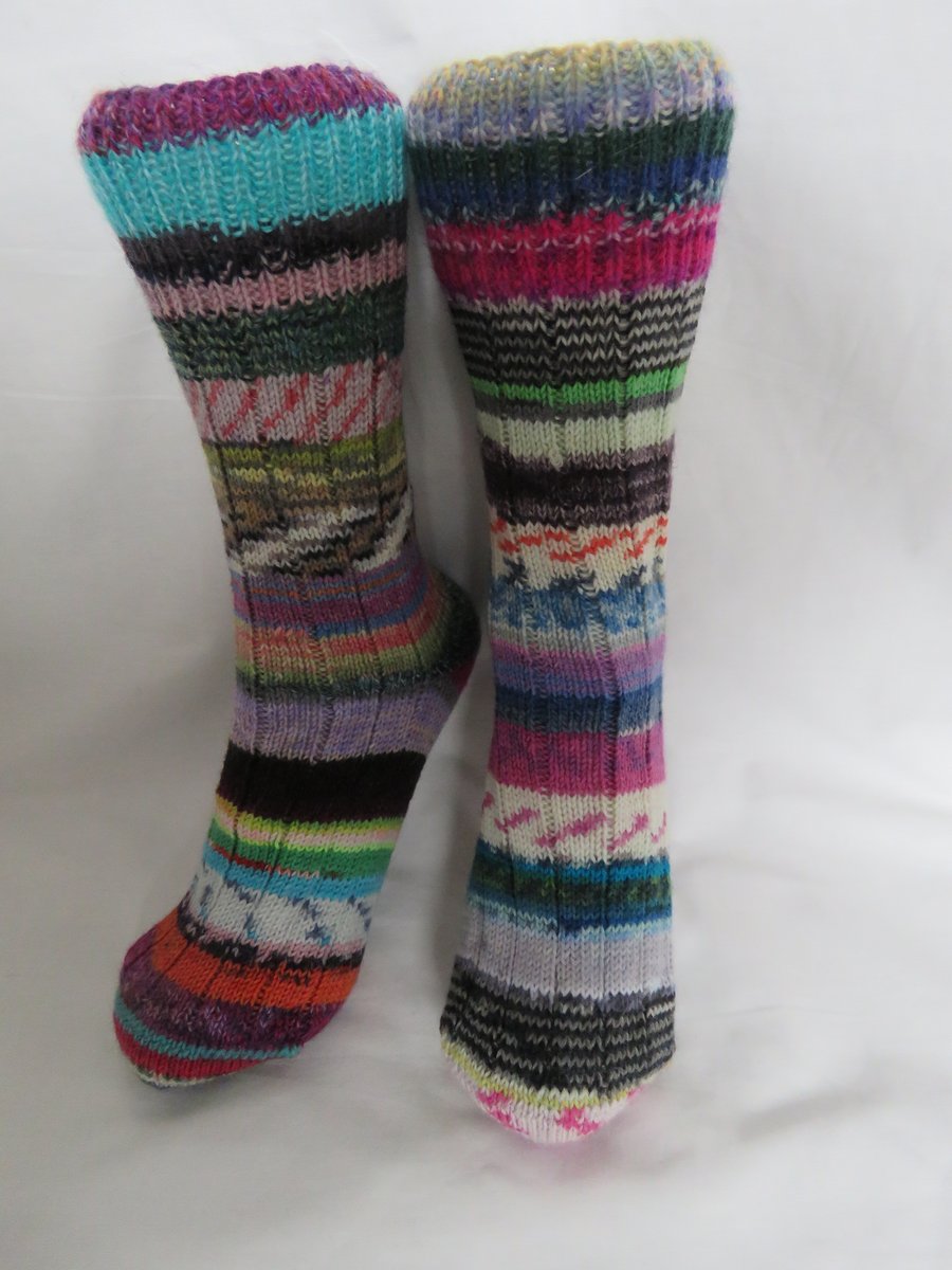 Hand-cranked Frankensox Knitted Ribbed Wool Socks Size 8 to 9