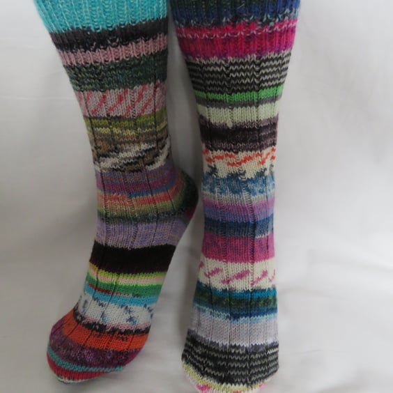 Hand-cranked Frankensox Knitted Ribbed Wool Socks Size 8 to 9