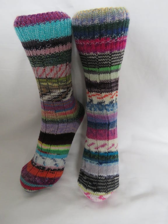 Hand-cranked Frankensox Knitted Ribbed Wool Socks Size 8 to 9
