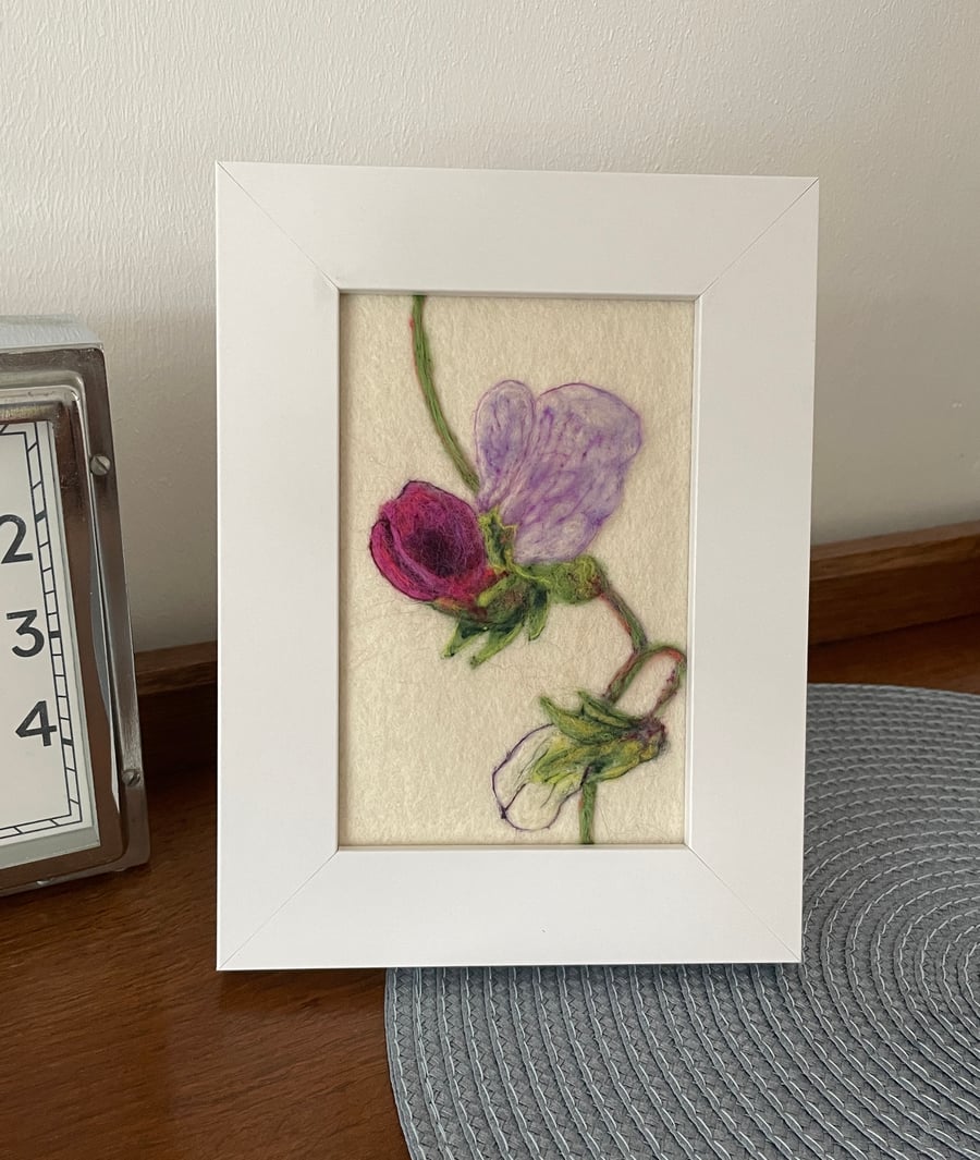 Hand Felted Sweet Pea Textile Artwork 