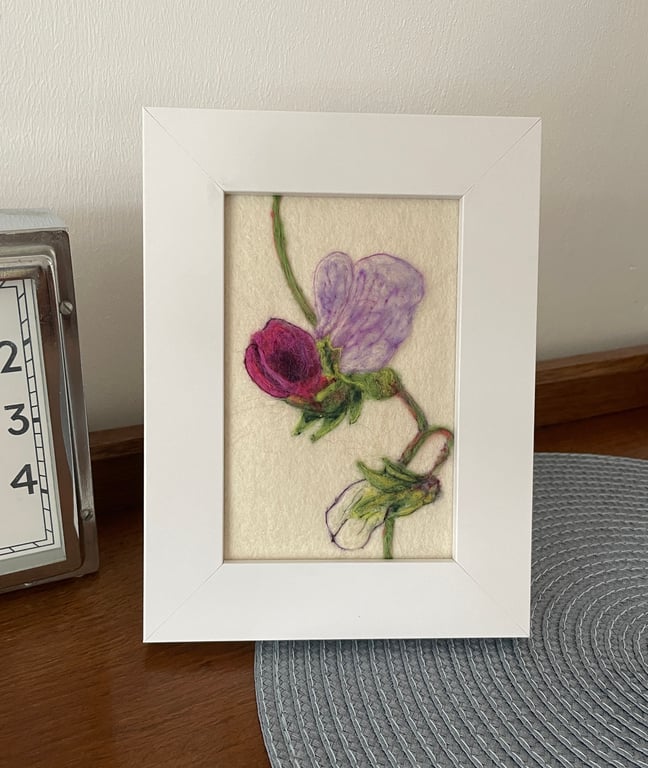 Hand Felted Sweet Pea Textile Artwork 