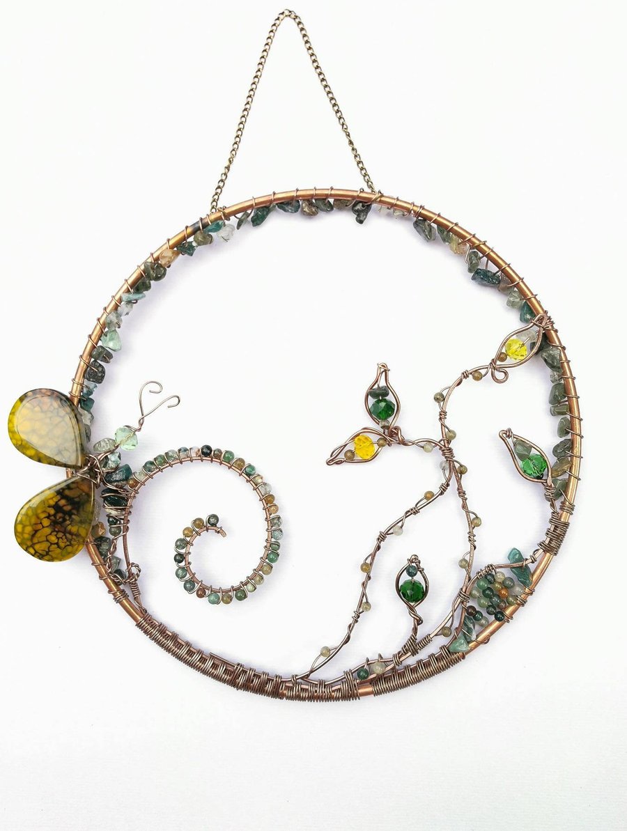 Woodland Butterfly Sun Catcher with gemstone beads, unique home decor