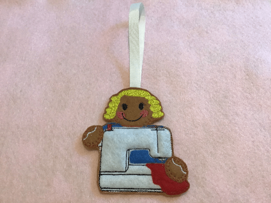 Sewing machine Gingerbread lady felt hanging decoration