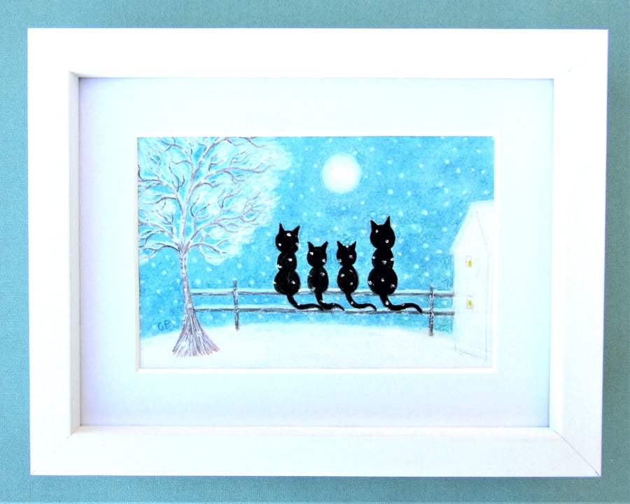 Four Cats Picture, Framed Art Print, Christmas Gift, Snow Tree Moon, Winter