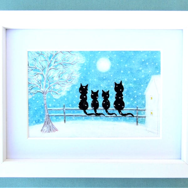 Four Cats Picture, Framed Drawing, Christmas Gift, Snow Tree Moon, Winter Art