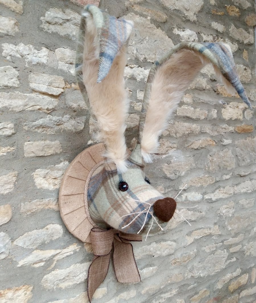 Faux taxidermy Easter tweed bunny, hare, rabbit wall mount animal head trophy