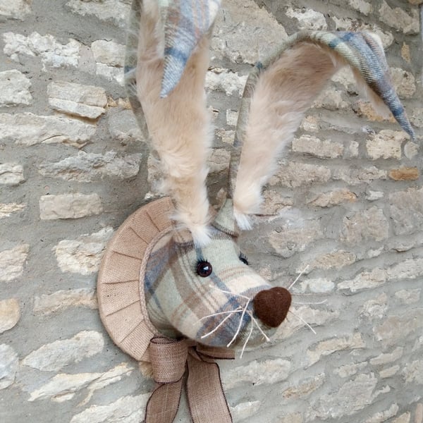 Faux taxidermy Easter tweed bunny, hare, rabbit wall mount animal head trophy
