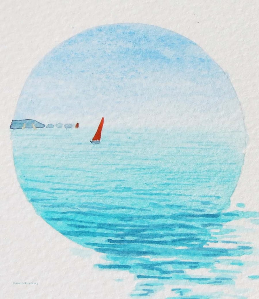 Ooak original handpainted watercolour red sail artist seaside art card  