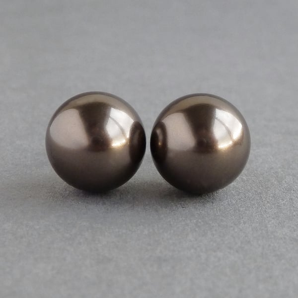 12mm Chocolate Pearl Stud Earrings - Chunky Round Dark Brown Studs - Jewellery