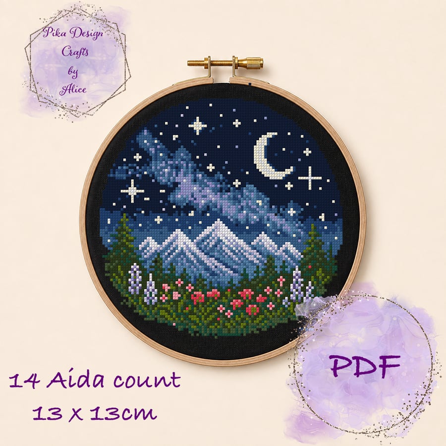 Mountain night counted cross stitch pattern Emailed pdf