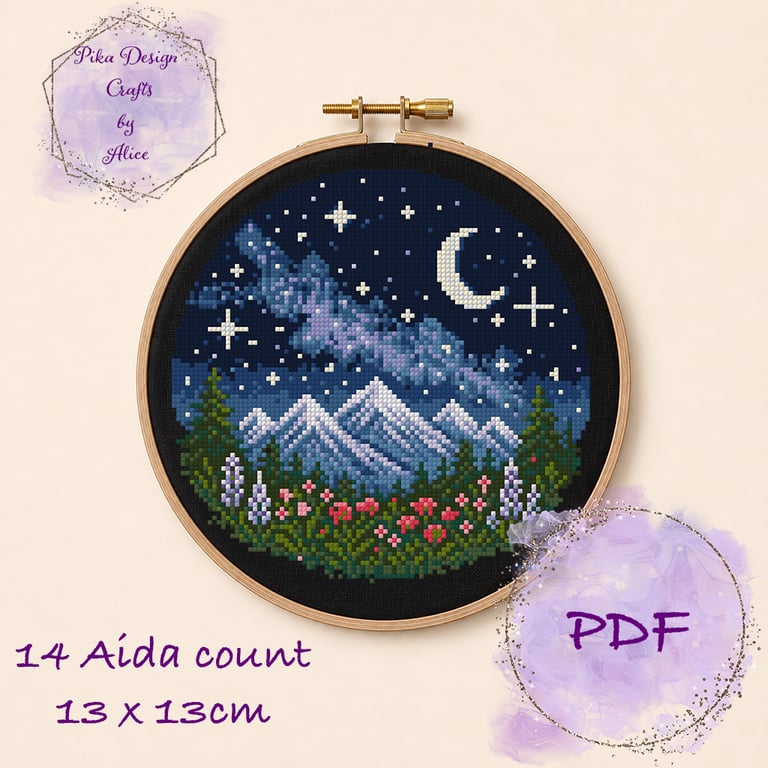 Mountain night counted cross stitch pattern Emailed pdf