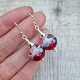 Sterling Silver Dark Pink Spotty and Swirly Lampwork Earrings