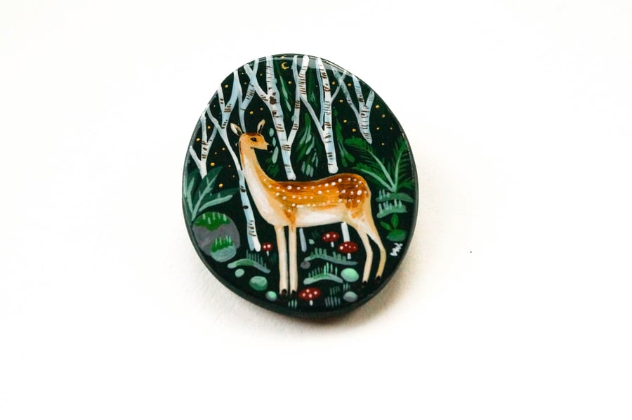 Handmade Original Deer Brooch Painting