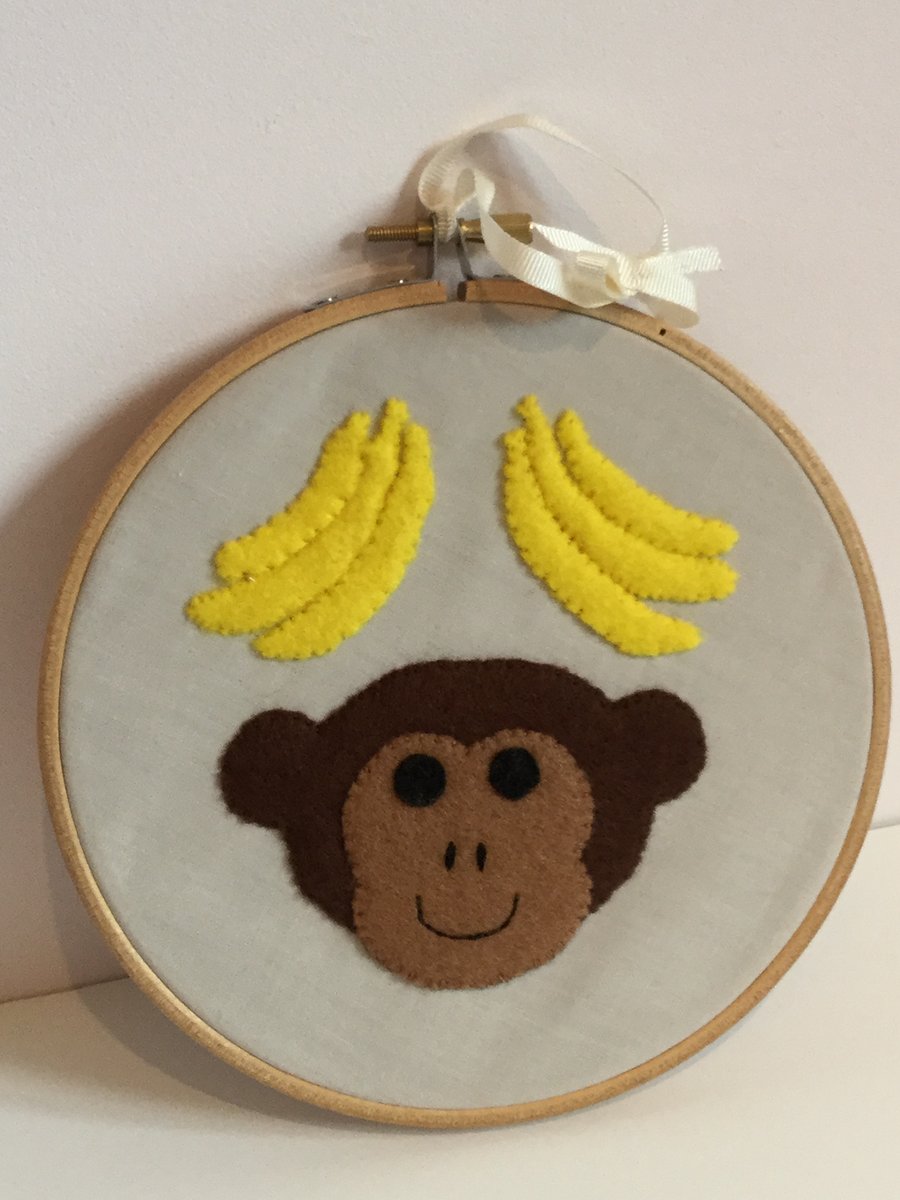 MONKEY - Handmade - Monkey & Bananas - Hoop Art - Wall Art - Kids - Nursery.