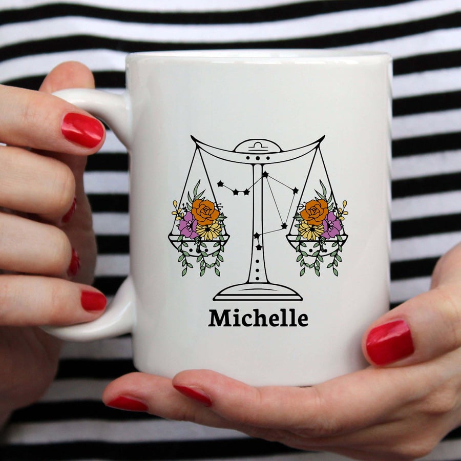 Libra Floral Zodiac Mug - Customizable 11oz Ceramic Coffee Cup with Star Sign