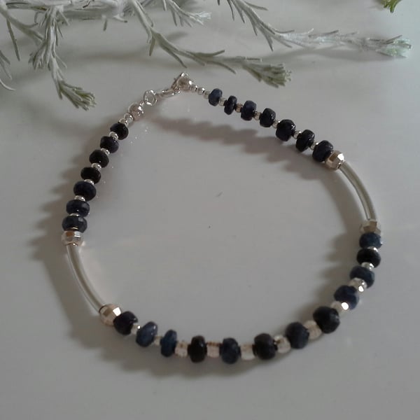 Genuine Deep Blue Sapphire Sterling Silver Bracelet