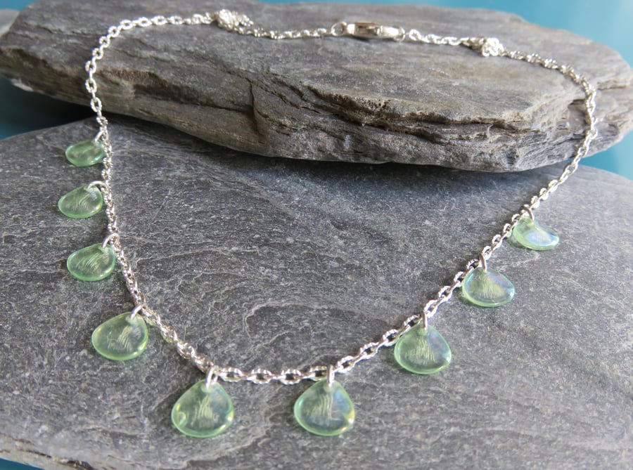 Silver necklace, green necklace, layering necklace, short necklace