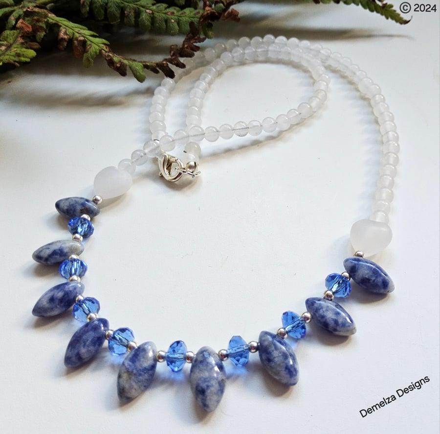 Sodalite & White Quartz, Faceted Crystal Silver Plated Necklace