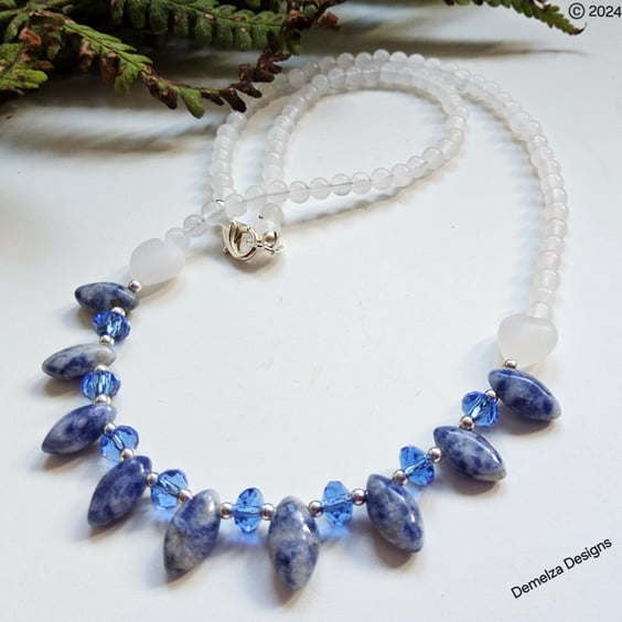 Sodalite & White Quartz, Faceted Crystal Silver Plated Necklace