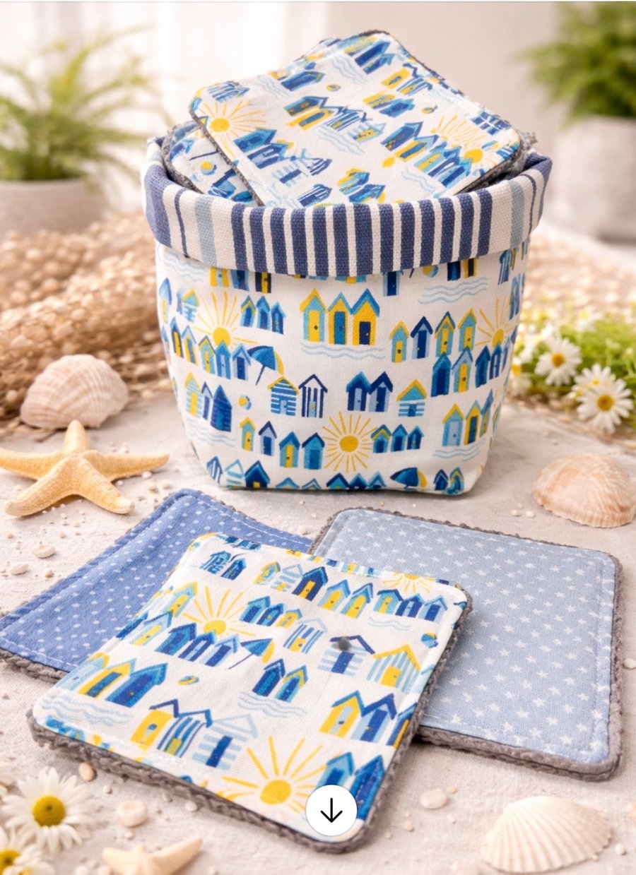 Liberty Beach Huts Reusable Make Up Wipes and Storage Basket Set