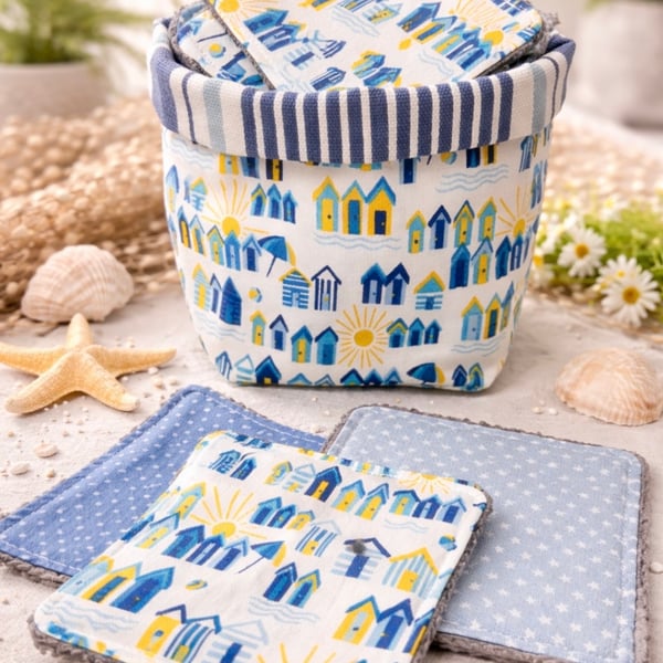 Liberty Beach Huts Reusable Make Up Wipes and Storage Basket Set
