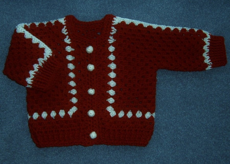 Burgundy and white child's cardigan (ref 61341)