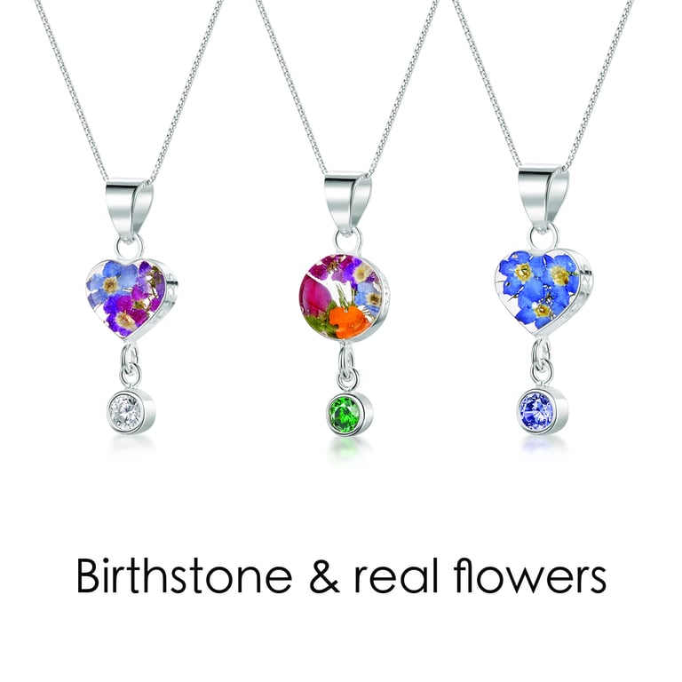 Sterling Silver Birthstone Necklace with Forget-Me-Not Flowers