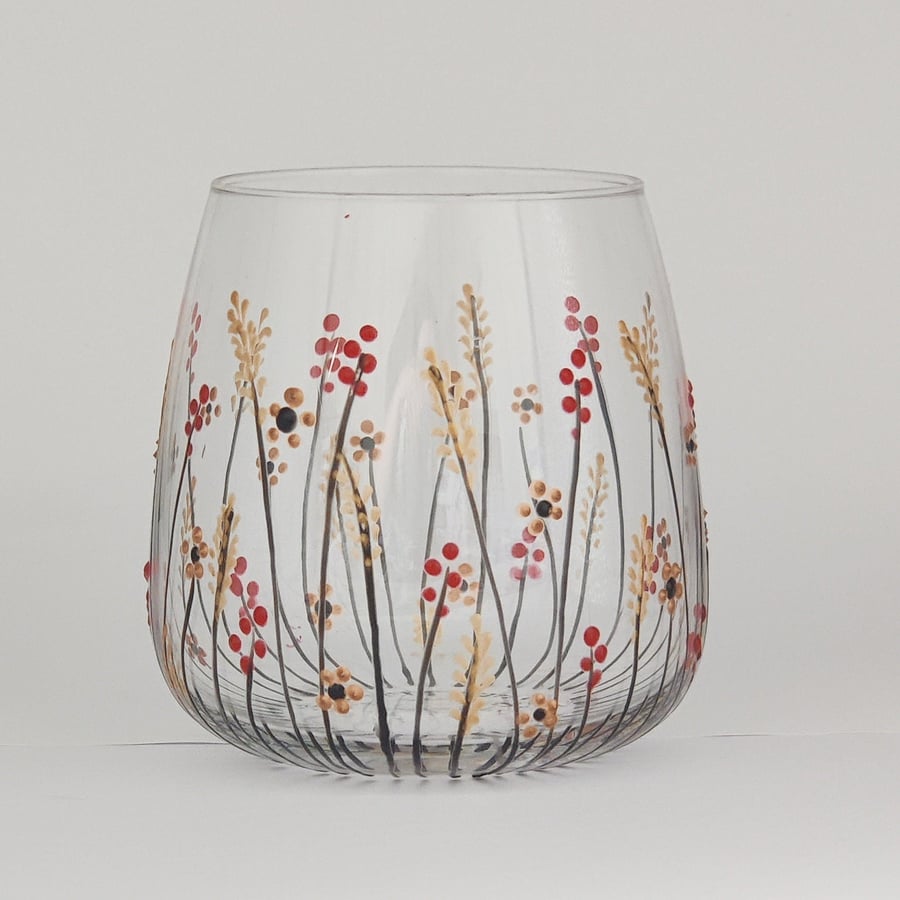 Hand-painted 'Autumn meadow ' Stemless Wine Glass