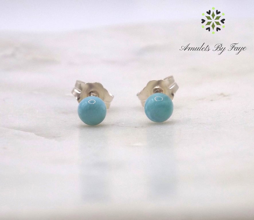 Larimar Rare Blue Round Cabochon 4mm Gemstone Sterling Silver Stud Earrings.