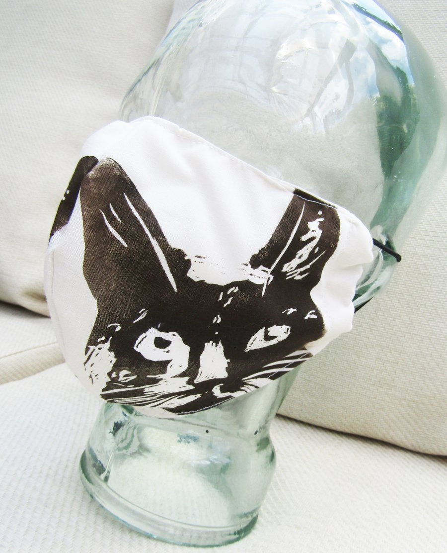 Hand Printed Black Cat Face Mask Reusable