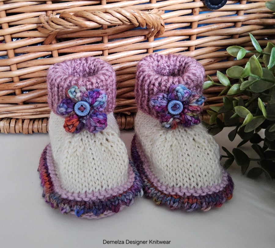 Designer 90% & 75% Merino Wool Baby Girl's Flower Booties 3-9 months size