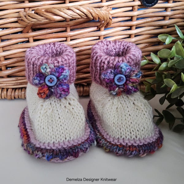Designer 90% & 75% Merino Wool Baby Girl's Flower Booties 3-9 months size