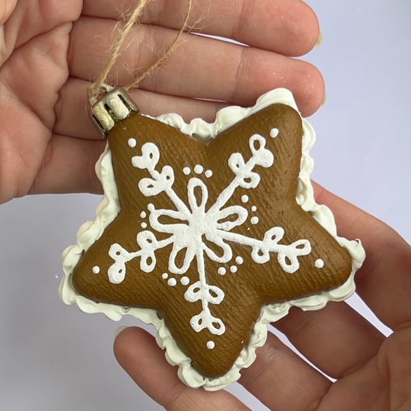 Christmas Tree Decorations Gingerbread Style Hand Painted Star - READY TO SHIP