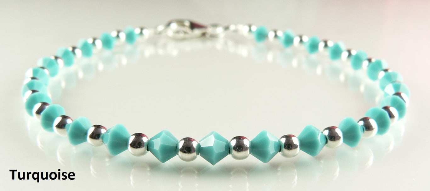 Turquoise Preciosa Czech glass beaded bracelet, lobster clasp, sterling silver
