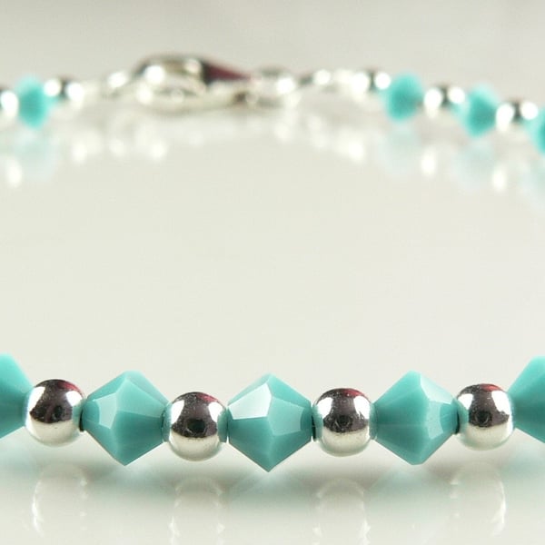 Turquoise Preciosa Czech glass beaded bracelet, lobster clasp, sterling silver