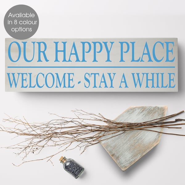 Our Happy Place, bespoke wooden house block sign plaque
