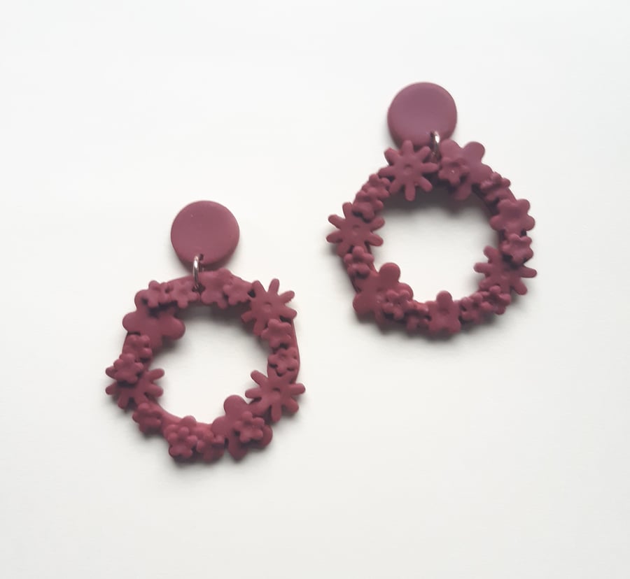 Burgundy flower hoops, Botanical jewellery, Dark red Garland earrings