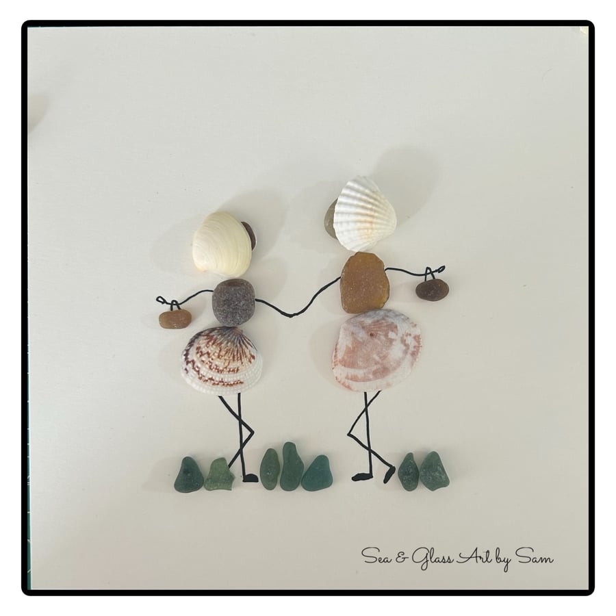 Handmade Sea Glass & Shell Shopping Friends Picture - Framed 8x8 Coastal Pebble 