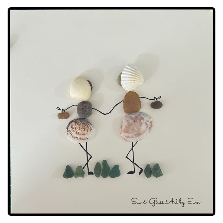 Handmade Sea Glass & Shell Shopping Friends Picture - Framed 8x8 Coastal Pebble 