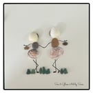 Handmade Sea Glass & Shell Shopping Friends Picture - Framed 8x8 Coastal Pebble 