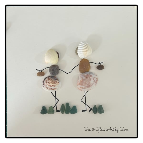 Handmade Sea Glass & Shell Shopping Friends Picture - Framed 8x8 Coastal Pebble 