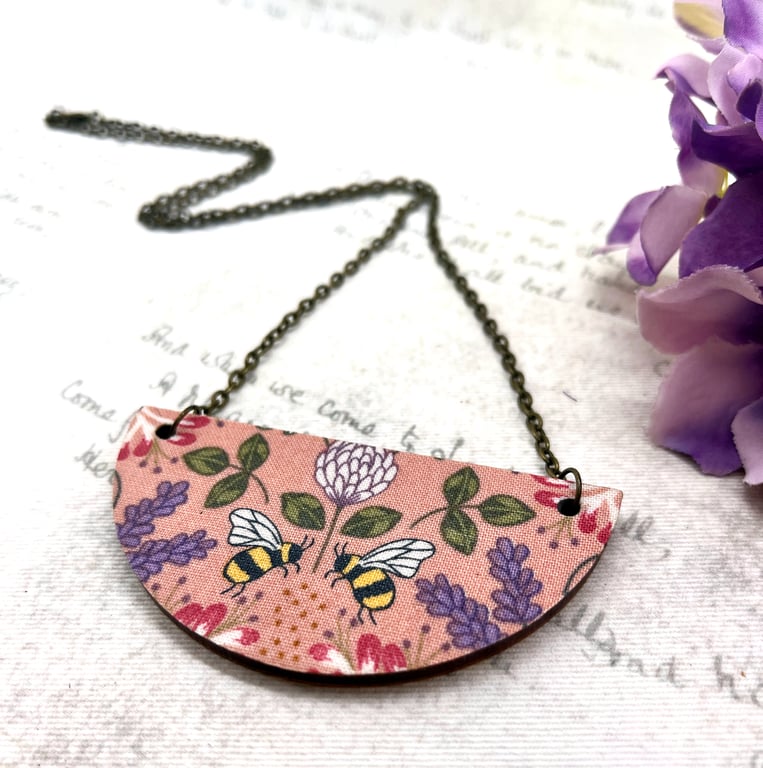Perfectly Imperfect - Bees and flowers statement curved fabric wood necklace